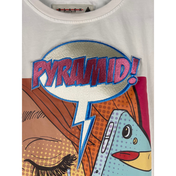 Black Pyramid Pop Art Graphic Tee White Large Comic Style Crying Girl Shirt Chri - Picture 3 of 7